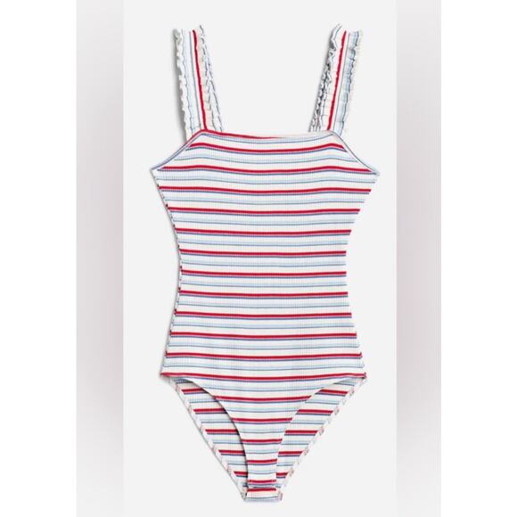 Heatherly Raina Striped Ruffle Strap Knit Bodysuit Multi Women's Size LP NWT - Picture 3 of 9